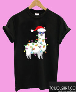 Llama Santa Hat Christmas Lights T shirt