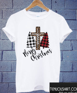 Merry Christmas Jesus Leopard Cross Plaid Tree T shirt