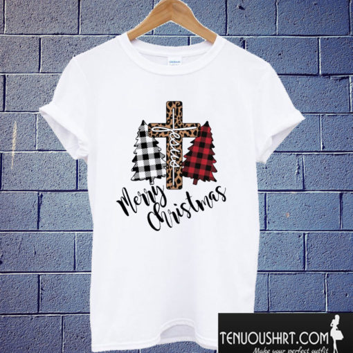 Merry Christmas Jesus Leopard Cross Plaid Tree T shirt