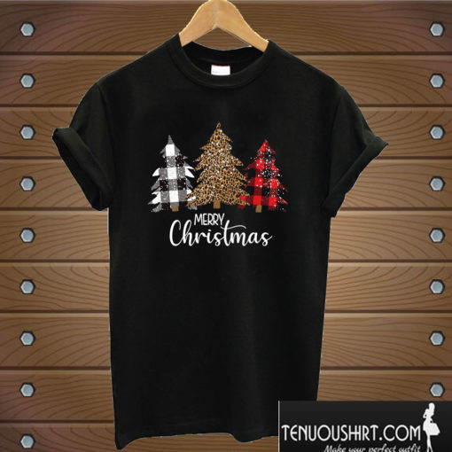 Merry Christmas Snowy Trees Leopard Buffalo Plaid T shirt