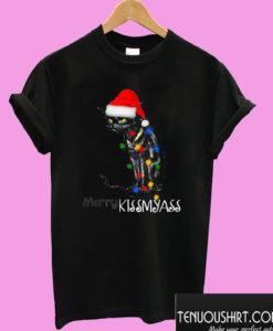 Merry Kissmyass Black Cat With Christmas Lights T shirt