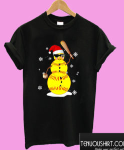 Softball Snowman Santa Hat Christmas T shirt