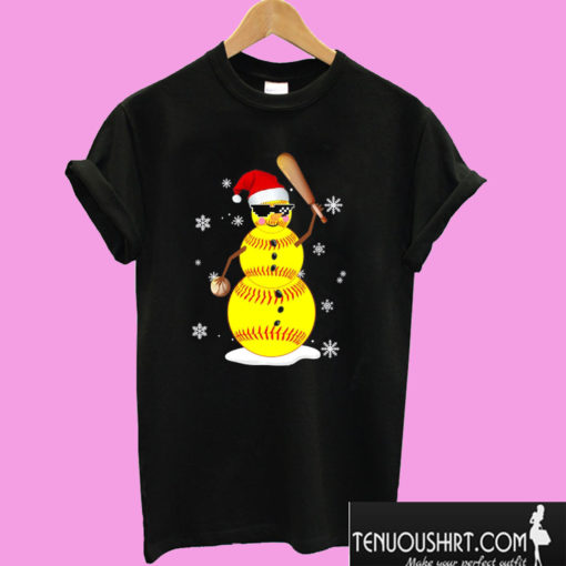 Softball Snowman Santa Hat Christmas T shirt